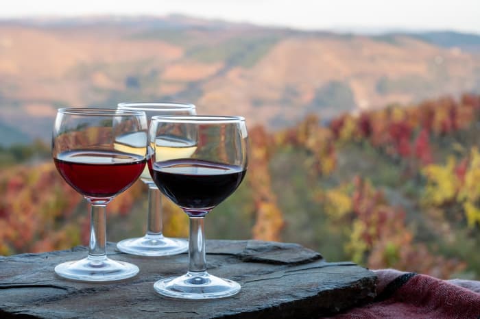 Three glasses of wine on a flat rock with a vineyard in the background.